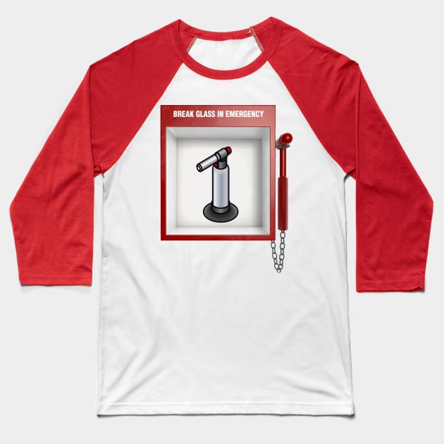 Emergency Crème Brûlée Torch Baseball T-Shirt by hauntedgriffin
